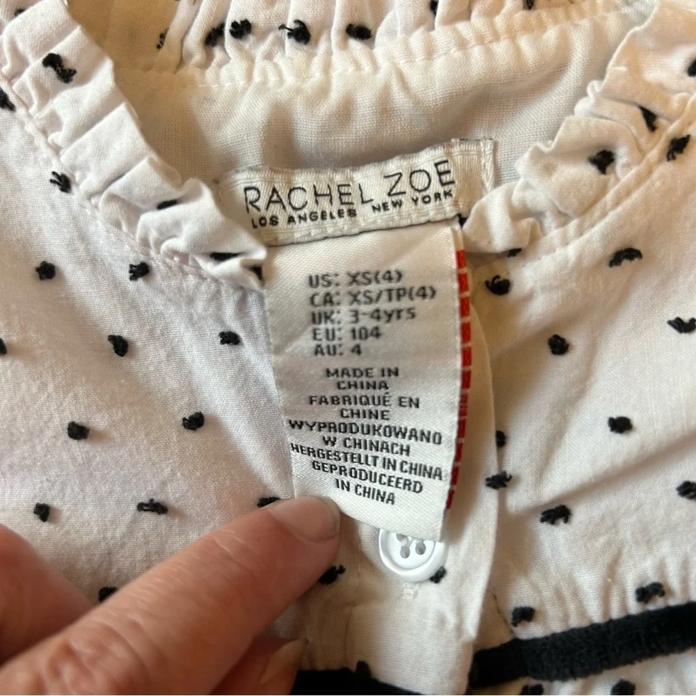 Rachel Zoe Girls Top Size 4 | White with‎ Tiny Black Dots, Ruffle Trim
